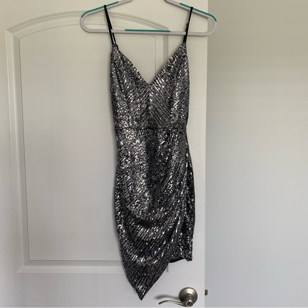 Windsor Silver Asymmetrical Sequin Cocktail Dress